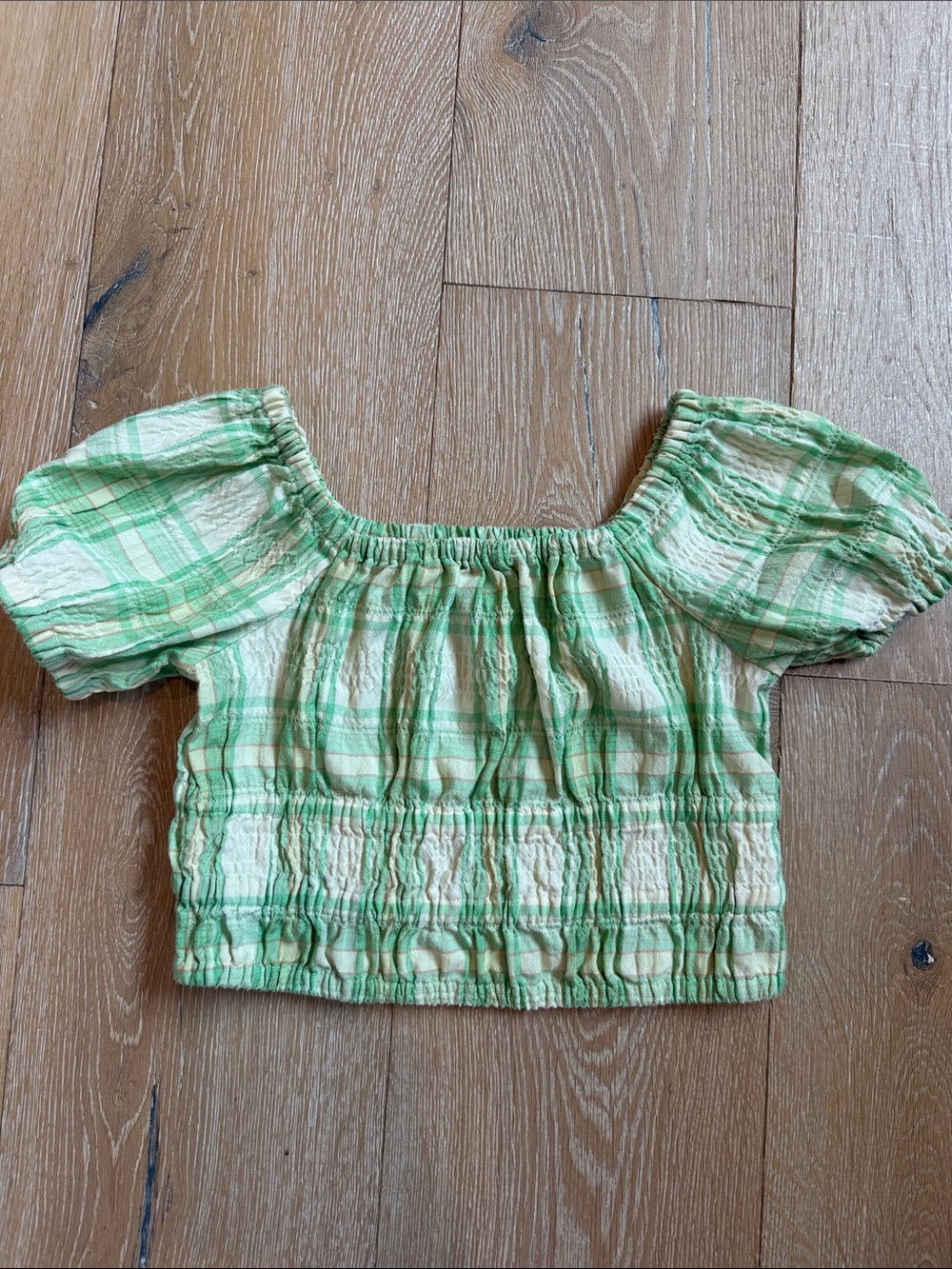 Old Navy Green Plaid Smocked Off-Shoulder Crop Top